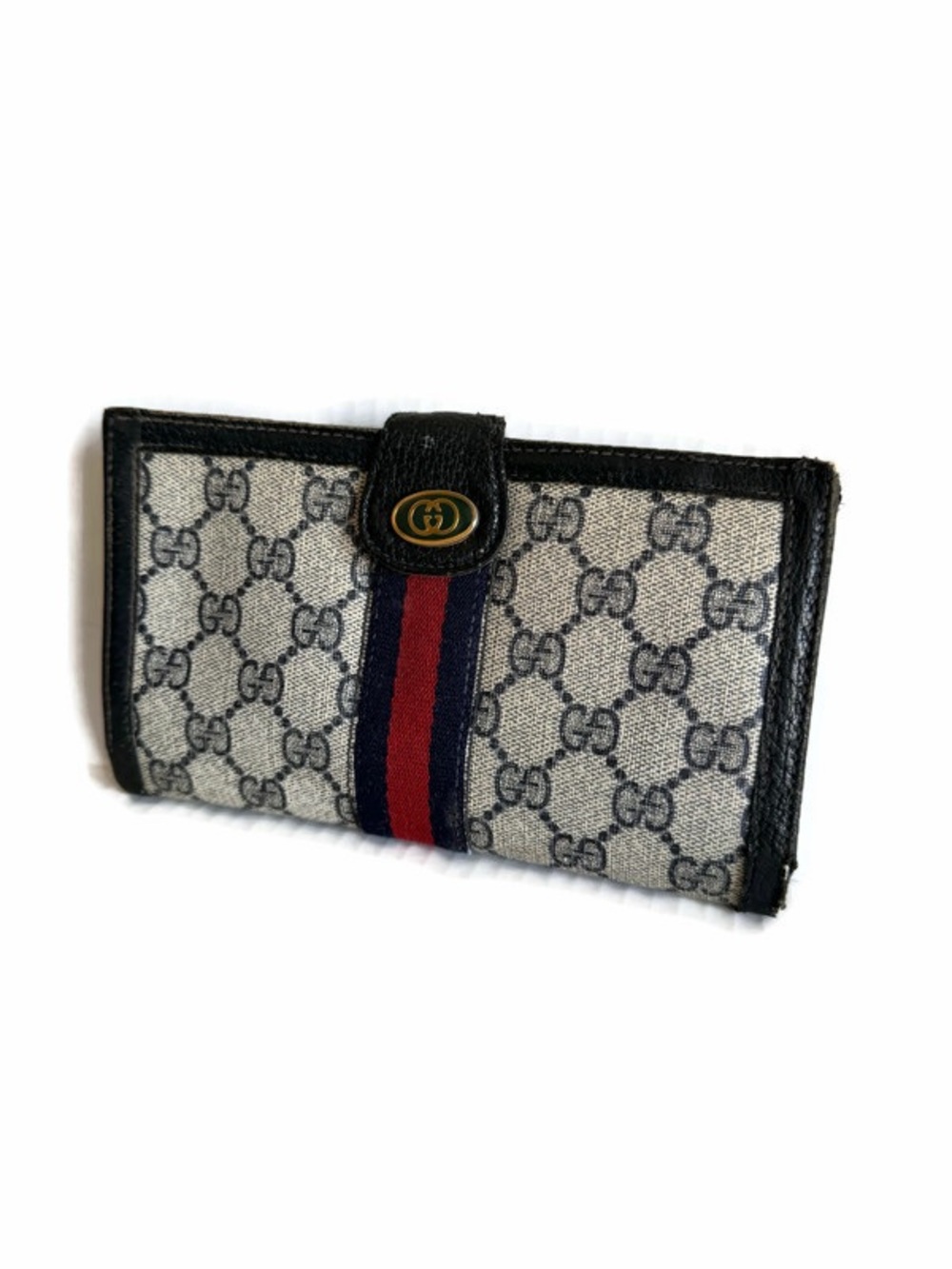 Gucci Beige GG Supreme Canvas Wallet with Black Trim and Navy/Red Web Stripe